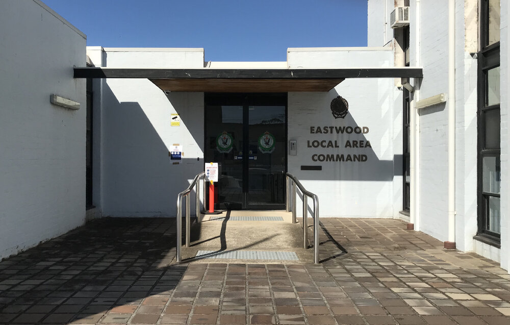 Exterior view of the Eastwood Police Station, April 2020
