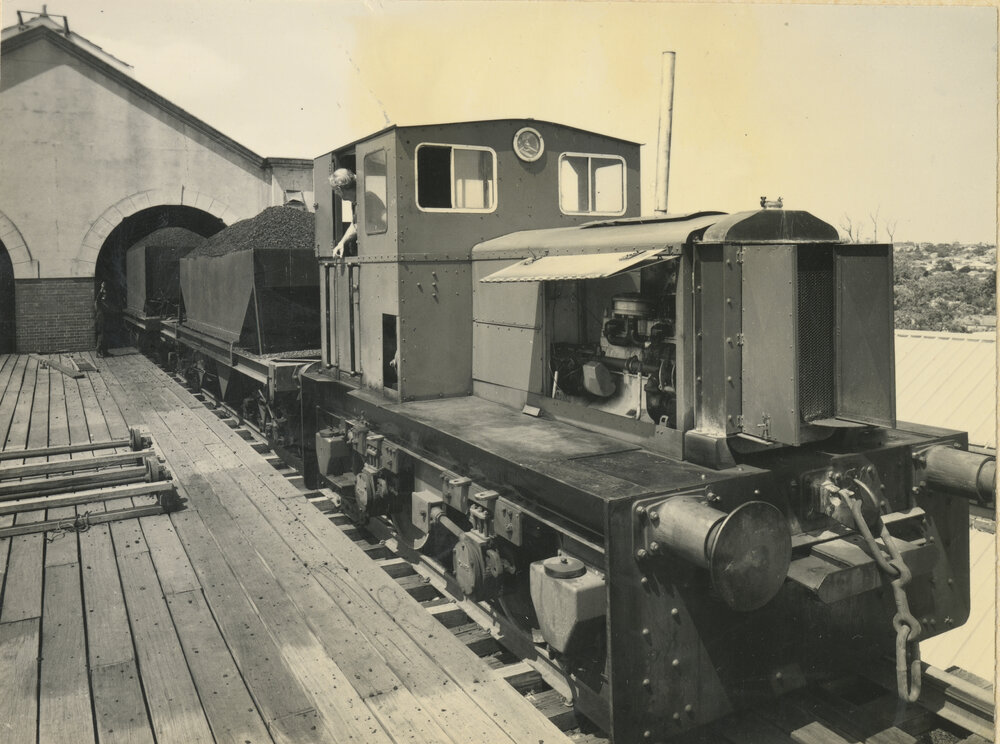 Ryde Pumping Station No.2 : one of the Hibberd 'Planet" diesel locomotives shunting a load of coal into the bunkers, circa 1975