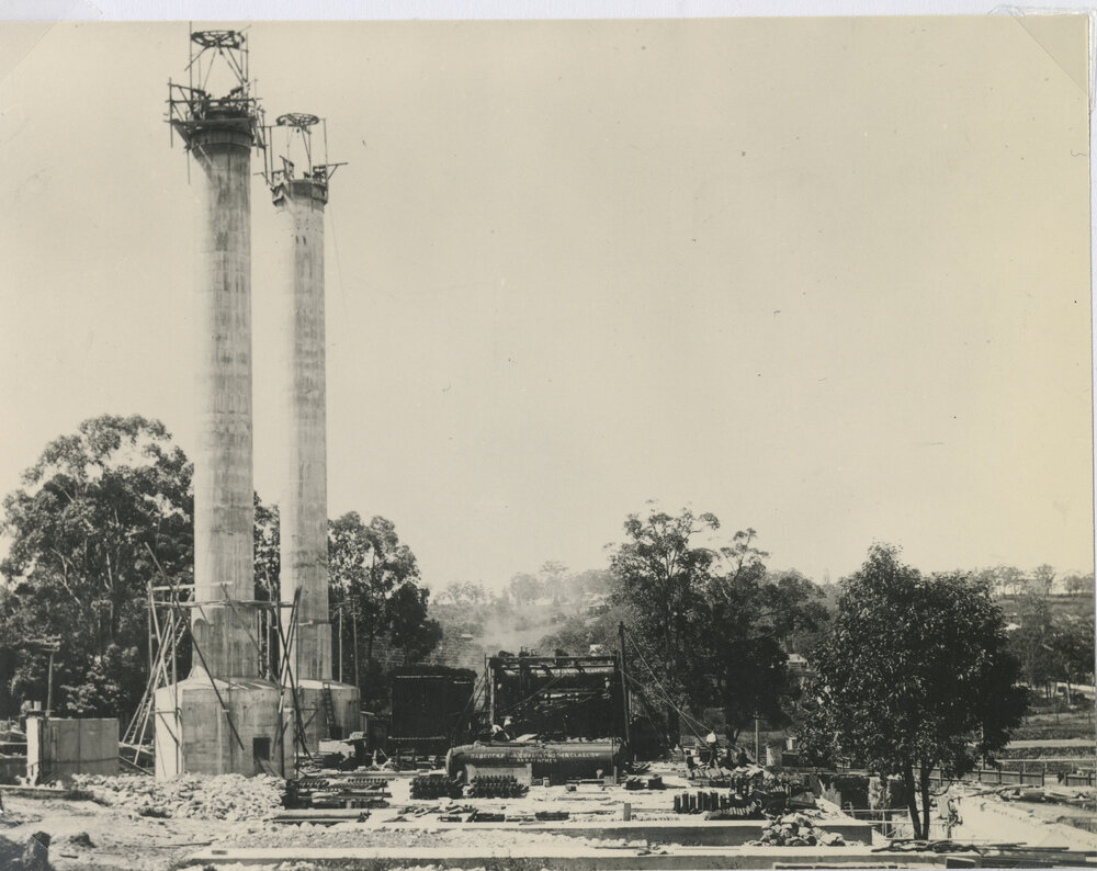 Ryde Pumping Station No.2 : deck of the Boiler House, with No.1 &amp; 2 chimneys nearing completion, early 1918