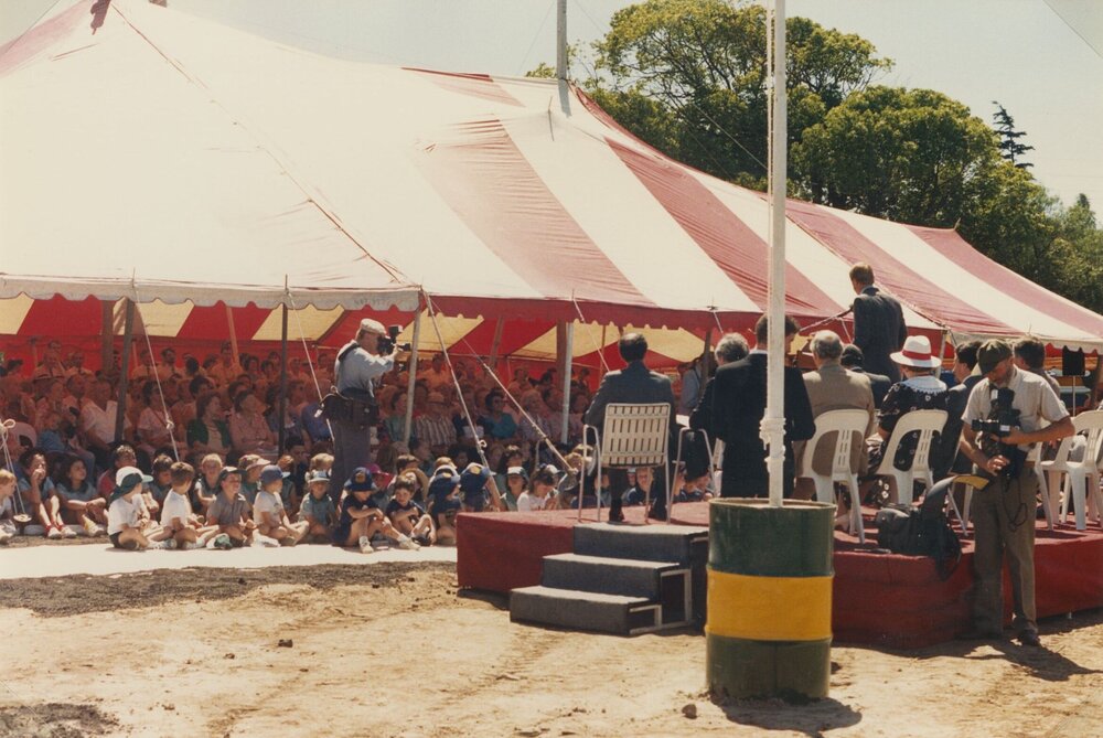 Guests watching the official proceedings at the opening of Ryde Bridge on 25 November 1988