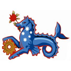 The coat of arms: seahorse, southern cross and waratah