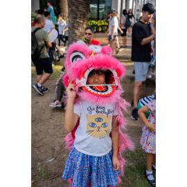 Little girl wearing a lion dance costume at the Lunar New Year Festival, 2024