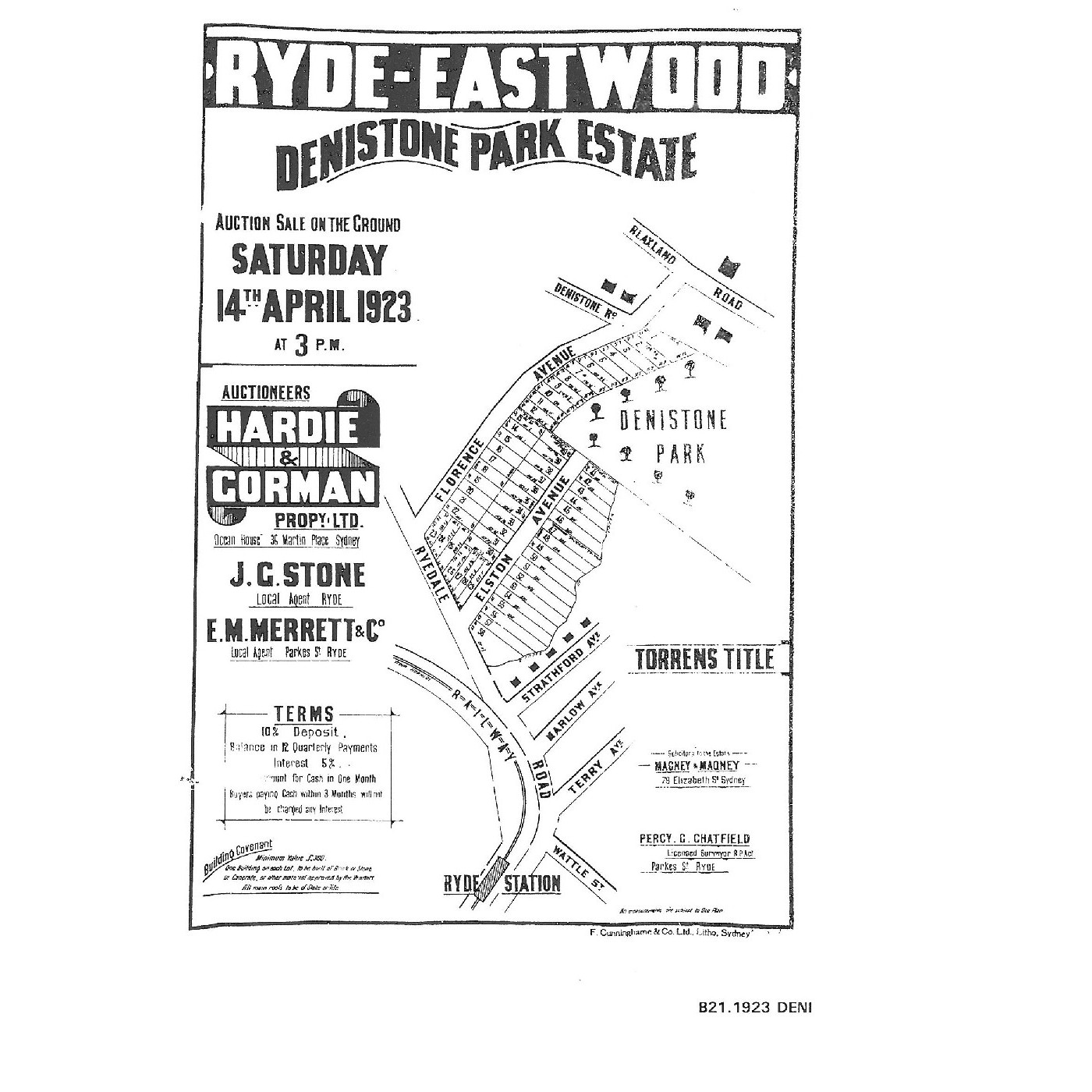 Denistone Park Estate, Ryde-Eastwood: auction sale on the ground Saturday 14th April 1923