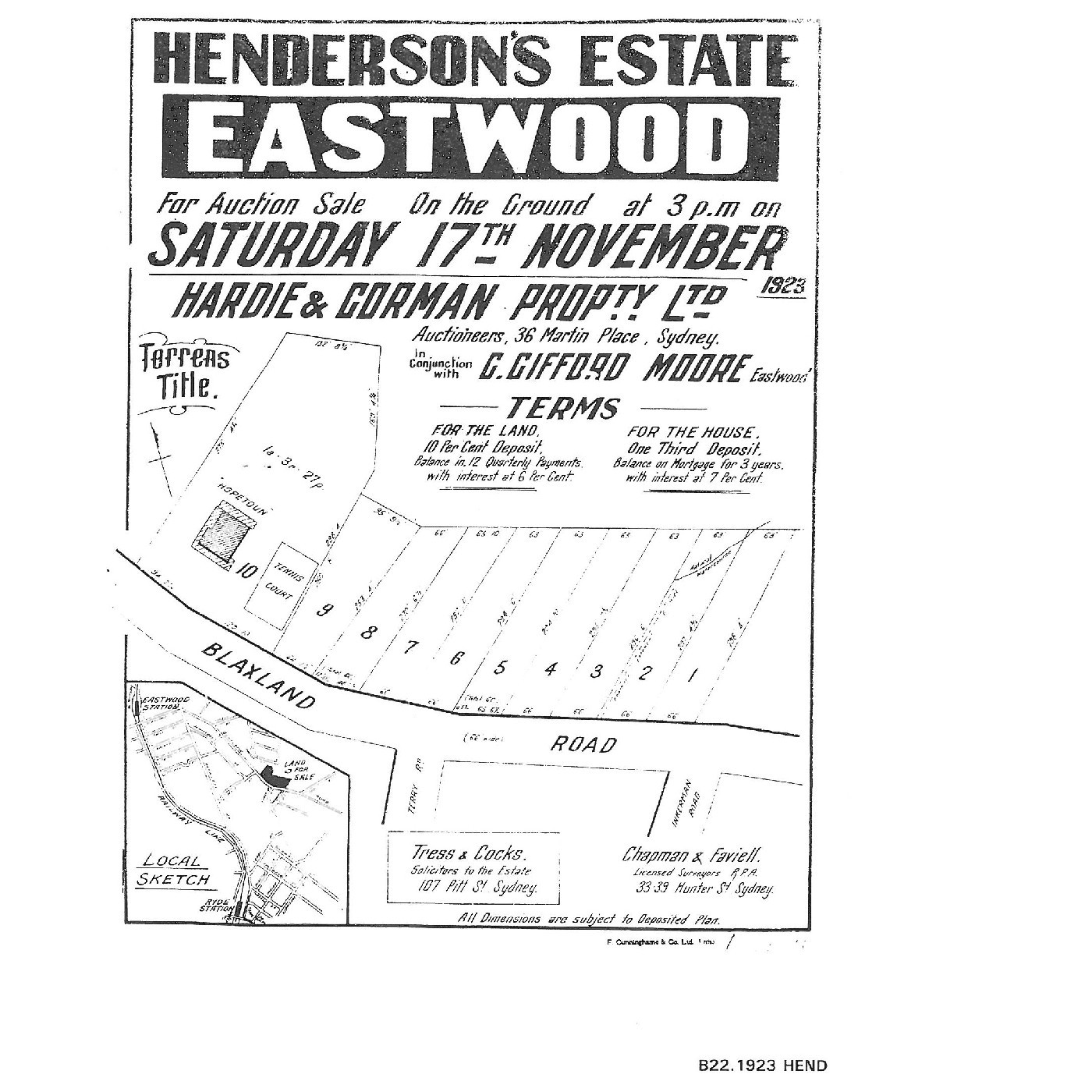 Henderson's Estate, Eastwood: for auction sale on the ground, Saturday 17th November 1923
