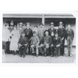 Group of people standing outside Ryde's Royal Hotel, including Bill Beach, Jim Stanbury, Sam Jordan and his daughter Dolly, in 1888 