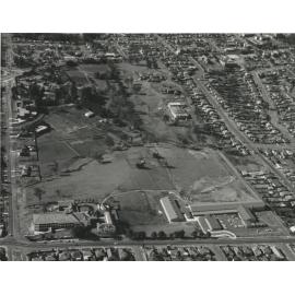 Aerial view of Royal Ryde Rehabilitation Hospital and Mt St Margaret Hospital, Ryde, around 1968 