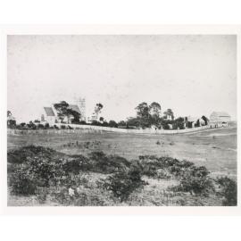 Looking across the glebe lands below St Anne's church the village of Ryde and the old Wesleyan chapel, around 1863 