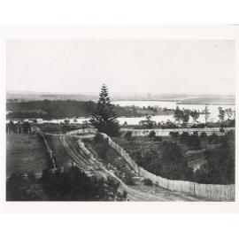 Looking down Church Street from below St Anne's church to the Parramatta River, around 1863 