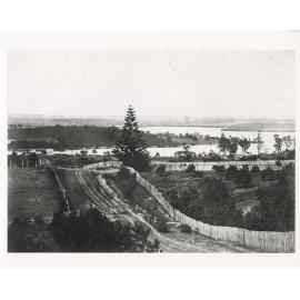 Looking down Church Street from below St Anne's church to the Parramatta River, around 1863 