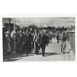 Members of the official party at the opening of the Ryde Bridge, 7 December 1935  : central group of three men from left: Hon B S B Stevens, MLA, Premier of NSW, Ryde Mayor W Harrison and Hon E S Spooner MLA, Member for Ryde