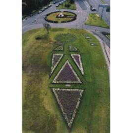 Aerial view of flowerbeds and Ryde Memorial Cenotaph at Ryde Civic Centre, August 2003 