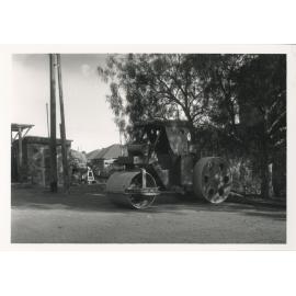 Ryde Council's motor roller, at rear of Council Chambers, Blaxland Road Ryde, in 1954