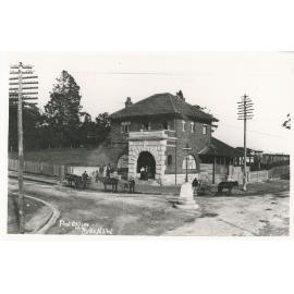 Ryde Post Office and the Ryde tramway memorial at the intersection of Church and Parkes Streets, Ryde, around 1909