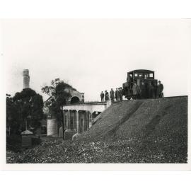 Guests and senior staff at the official opening of the second Ryde Pumping Station, 1921  : inspecting the branch rail line