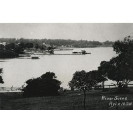 Parramatta River scene at Ryde, showing Nancarrow's wharf, Ryde wharf and the Ryde Swimming Baths, around 1914