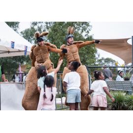 Street performers interacting with kids, Australia Day 2026