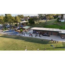 Aerial view of the upgraded amenities block and playground at Gannon Park, Ryde