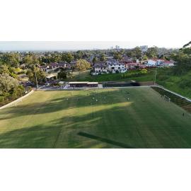 Aerial view of the upgraded amenities block, playground and cricket nets at Gannon Park, Ryde
