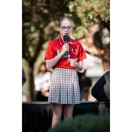 Student speaking at the Anzac Day Service, Anzac Park, West Ryde