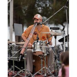 Drummer on stage at the Cork & Fork festival, Putney