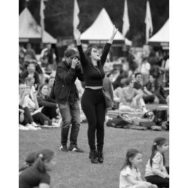 Woman letting loose at the Cork & Fork festival, Putney