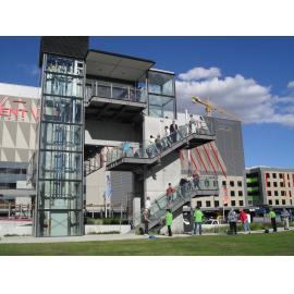 New Ryde Library community book pass : view of the pedestrian bridge stairs and lift