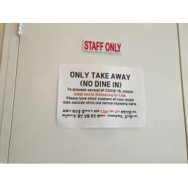 Take away only signage at 100000LAB Coffee & Bakery, May 2020