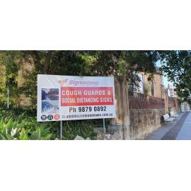 Signarama billboard advertising covid signs and cough guards, April 2020